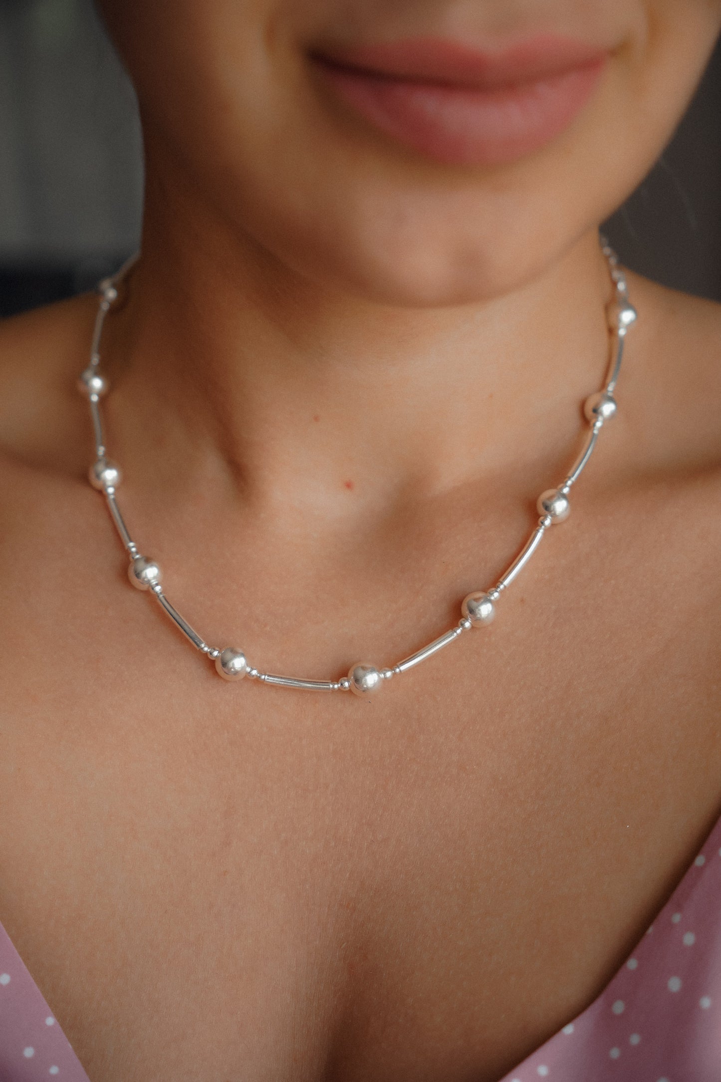 Silver Beaded Tube Necklace