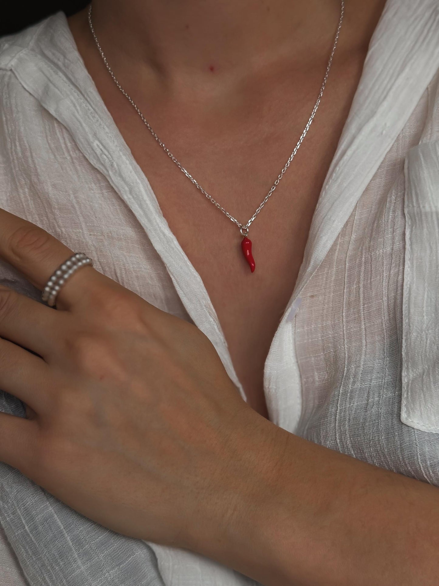 Italian  Red Cornetto (Italian Horn) Necklace, Malocchio Necklace, Dainty Necklace