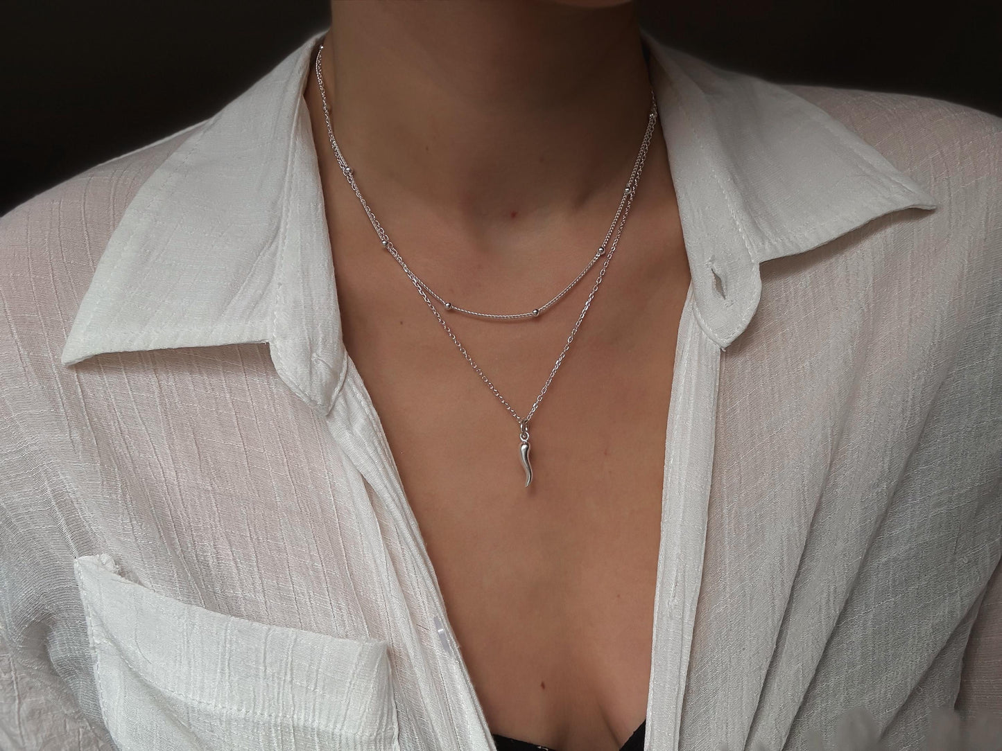 Italian  Silver Cornetto (Italian Horn) Necklace, Malocchio Necklace, Dainty Necklace