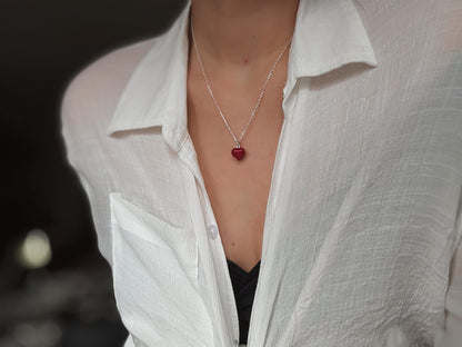 Italian  Red Puff Heart Necklace, Red Heart Necklace, Dainty Necklace