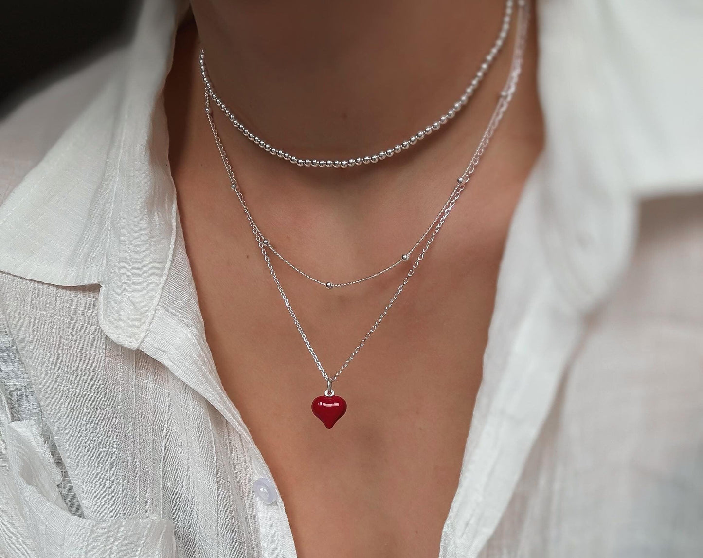 Italian  Red Puff Heart Necklace, Red Heart Necklace, Dainty Necklace