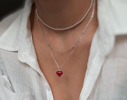 Italian  Red Puff Heart Necklace, Red Heart Necklace, Dainty Necklace
