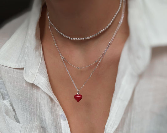 Italian  Red Puff Heart Necklace, Red Heart Necklace, Dainty Necklace