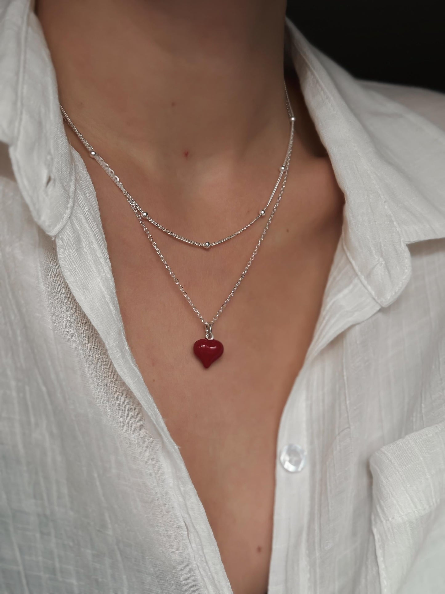Italian  Red Puff Heart Necklace, Red Heart Necklace, Dainty Necklace